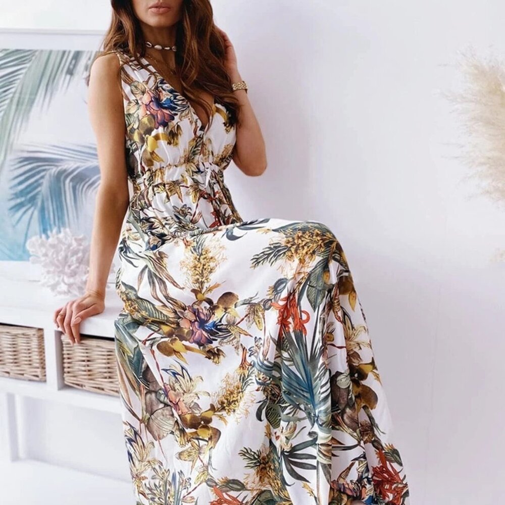 Women's Sleeveless V Neck Boho Floral Maxi Dress Summer Beach